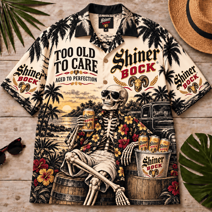 Shiner Bock Too Old To Care Skeleton Vintage Hawaiian Shirt