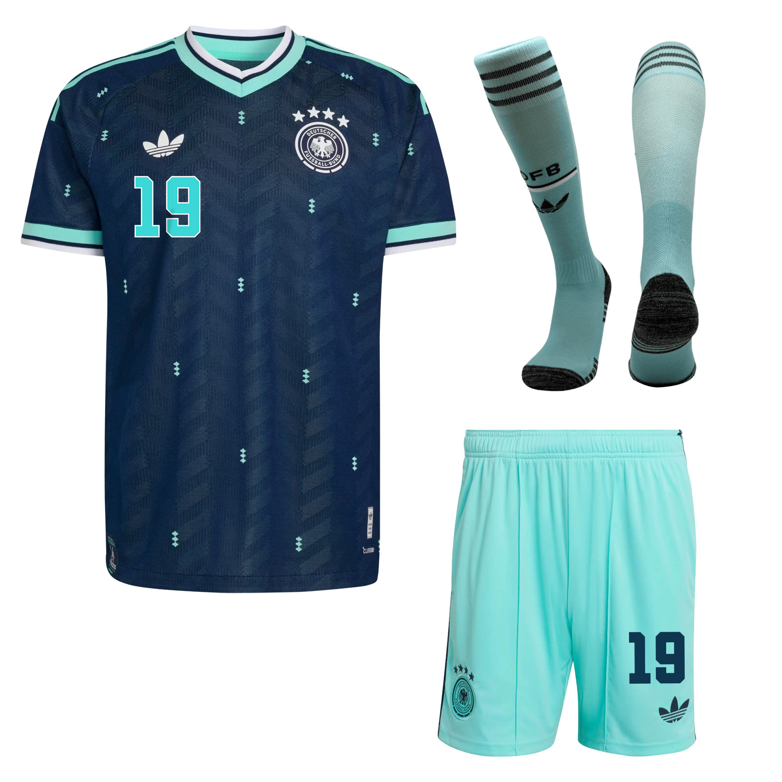Leroy Sané 19 Germany 2026 Away Men Kit Set – Navy & Aqua - WC Luminaaura