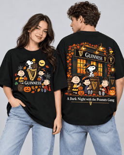 Guinness Peanuts Glowing Pub Pumpkins T-Shirt For Fans Gathering On Dark Autumn Nights NDN Worn Shirt Mockup