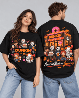 Dunkin Horror Characters Pumpkin Donut Shop T-Shirt For Coffee Fans Running On Halloween Screams NDN Worn Shirt Mockup