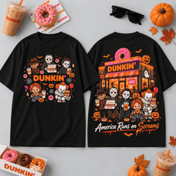 Dunkin Horror Characters Pumpkin Donut Shop T-Shirt For Coffee Fans Running On Halloween Screams NDN Flat Shirt Mockup