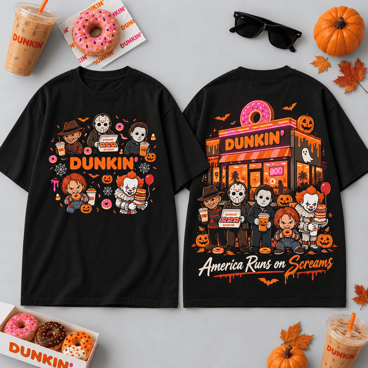 Dunkin Horror Characters Pumpkin Donut Shop T-Shirt For Coffee Fans Running On Halloween Screams NDN Flat Shirt Mockup