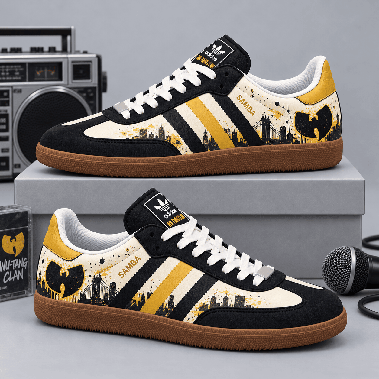 Batman Black Yellow Gotham Skyline And Hero Emblems Adidas Samba OG Graphic Shoes NDN Shoes Product Mockup