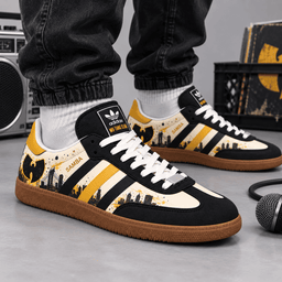 Batman Black Yellow Gotham Skyline And Hero Emblems Adidas Samba OG Graphic Shoes NDN Shoes Worn Mockup