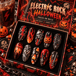 AC/DC Electric Rock Halloween Flames Press-On Nail Set for Rock Fans NTT