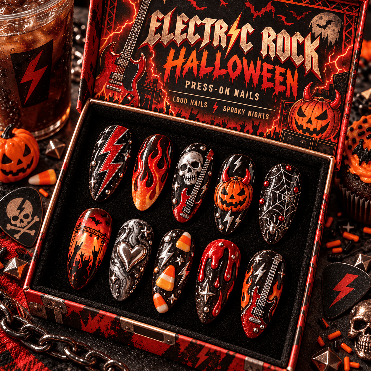 AC/DC Electric Rock Halloween Flames Press-On Nail Set for Rock Fans NTT