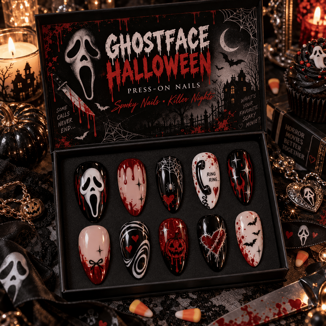 Ghostface Halloween Scream Mask Press-On Nail Set for Horror Fans NTT