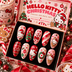 Hello Kitty Christmas Candy Cane Press-On Nail Set for Holiday Fans NTT
