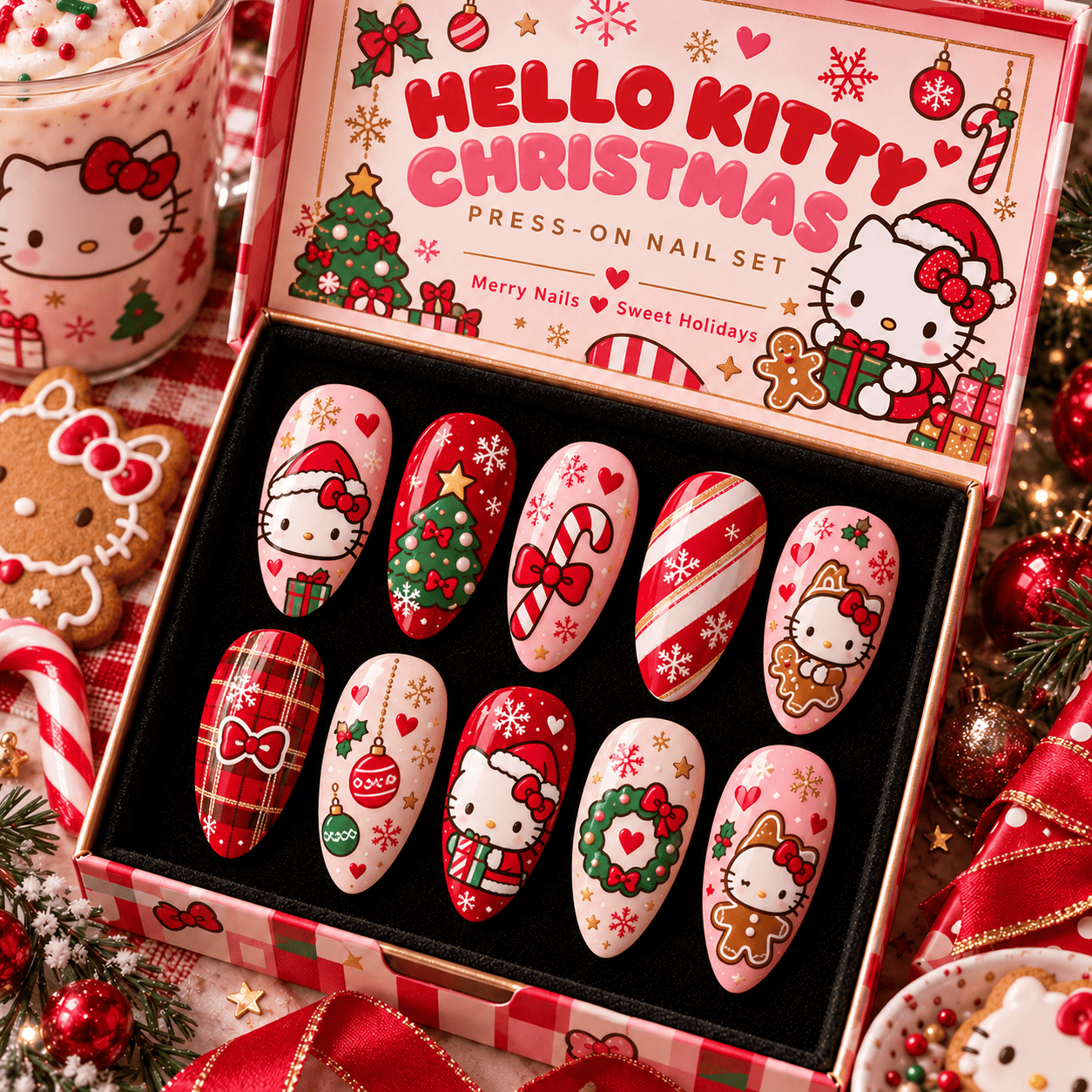 Hello Kitty Christmas Candy Cane Press-On Nail Set for Holiday Fans NTT