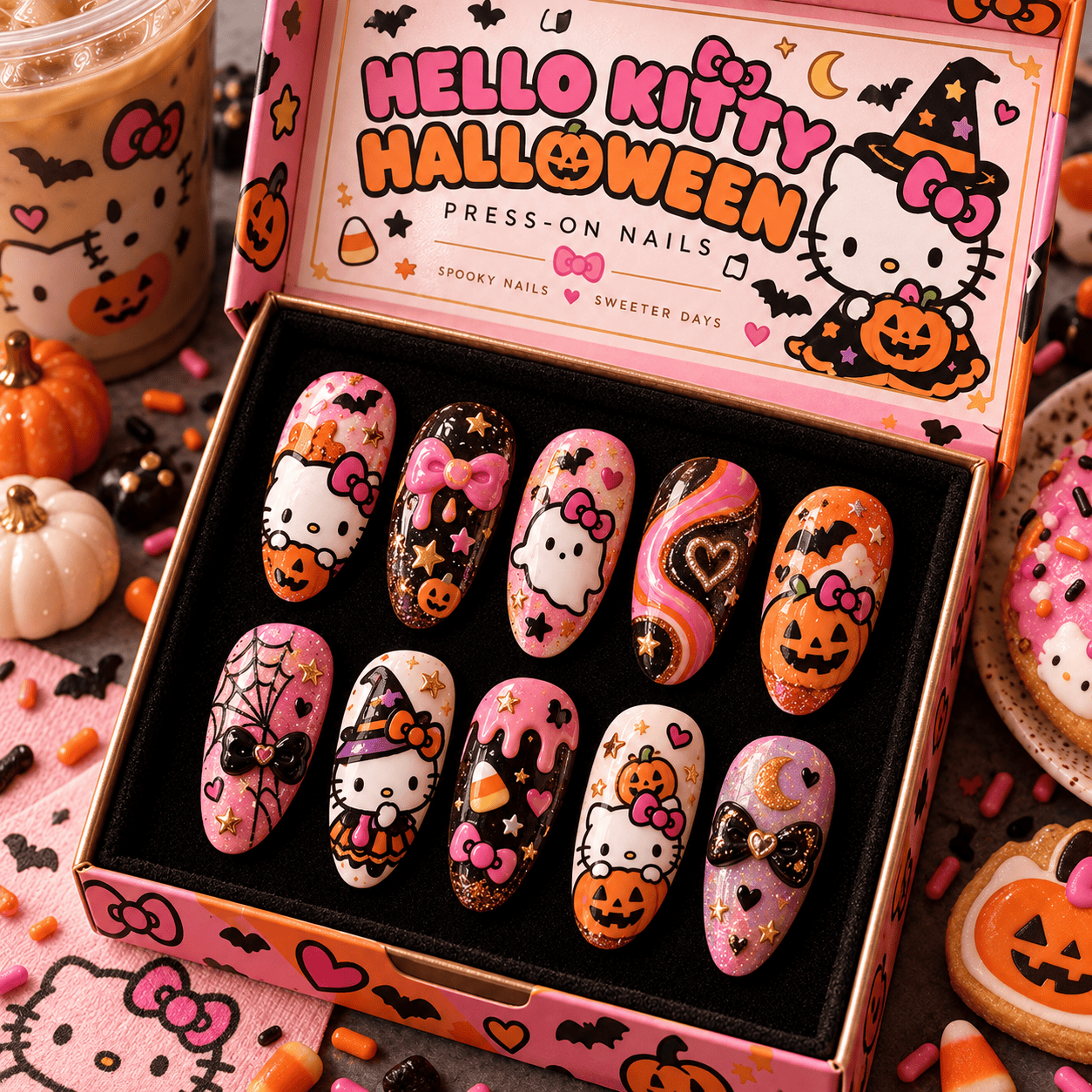 Hello Kitty Halloween Pumpkins and Bows Press-On Nail Set for Spooky Cute Fans NTT