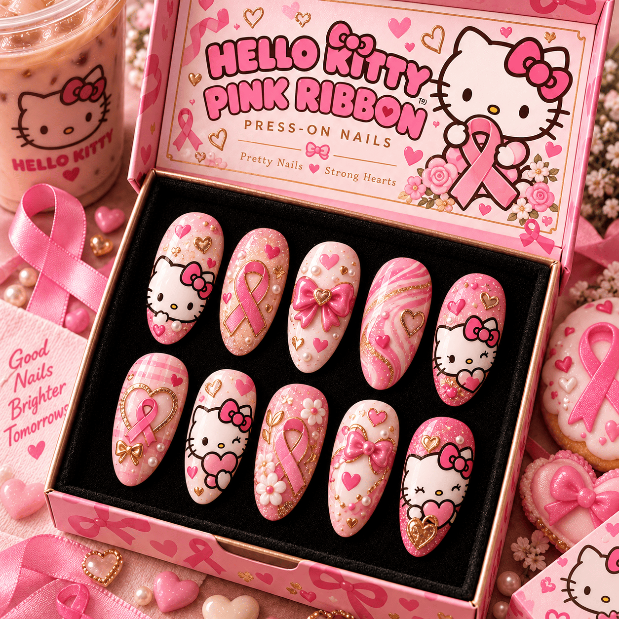 Hello Kitty Pink Bows and Hearts Press-On Nail Set for Sweet Style Fans NTT