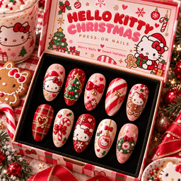 Hello Kitty Christmas Tree and Candy Cane Press-On Nail Set for Holiday Fans NTT