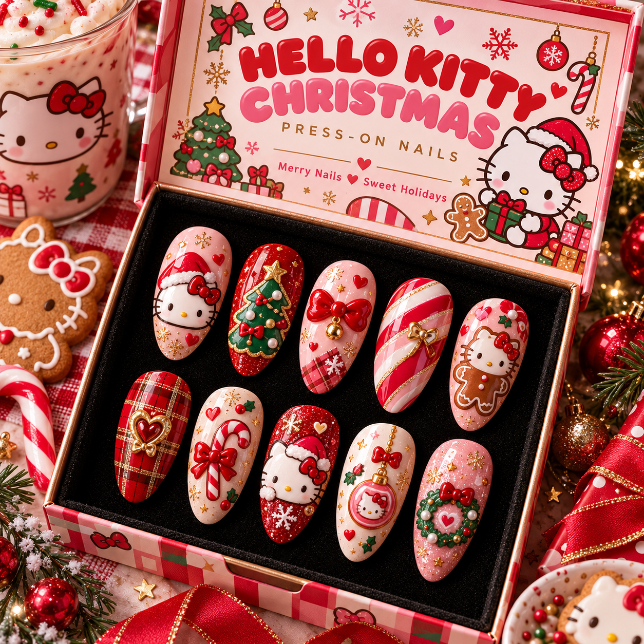 Hello Kitty Christmas Tree and Candy Cane Press-On Nail Set for Holiday Fans NTT