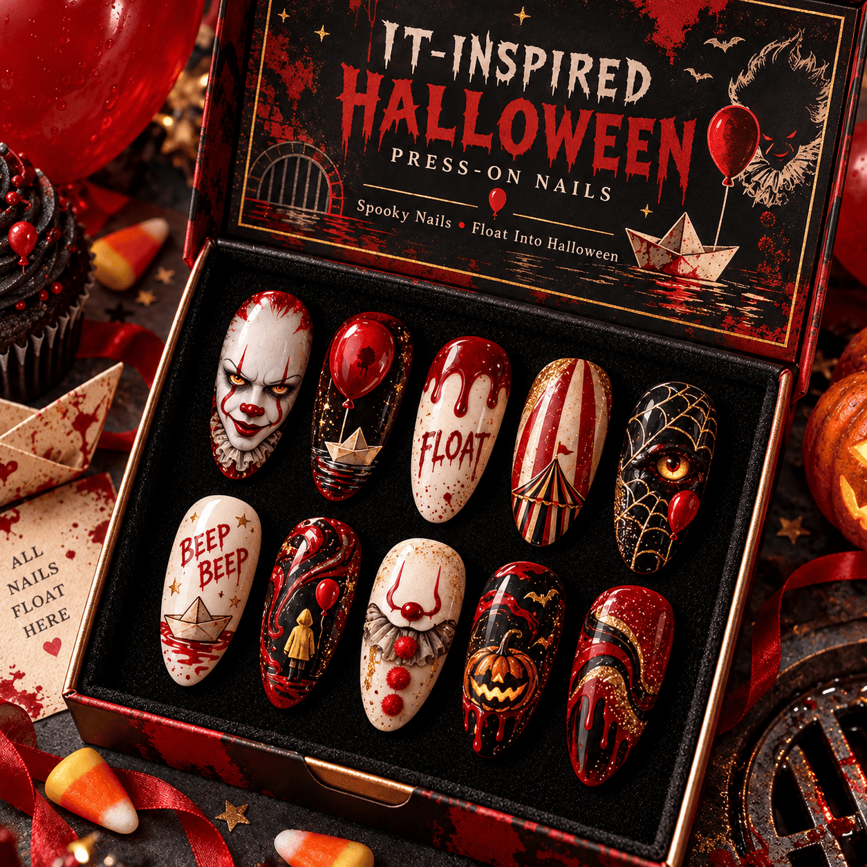 It Inspired Halloween Red Balloon and Clown Press-On Nail Set for Horror Fans NTT