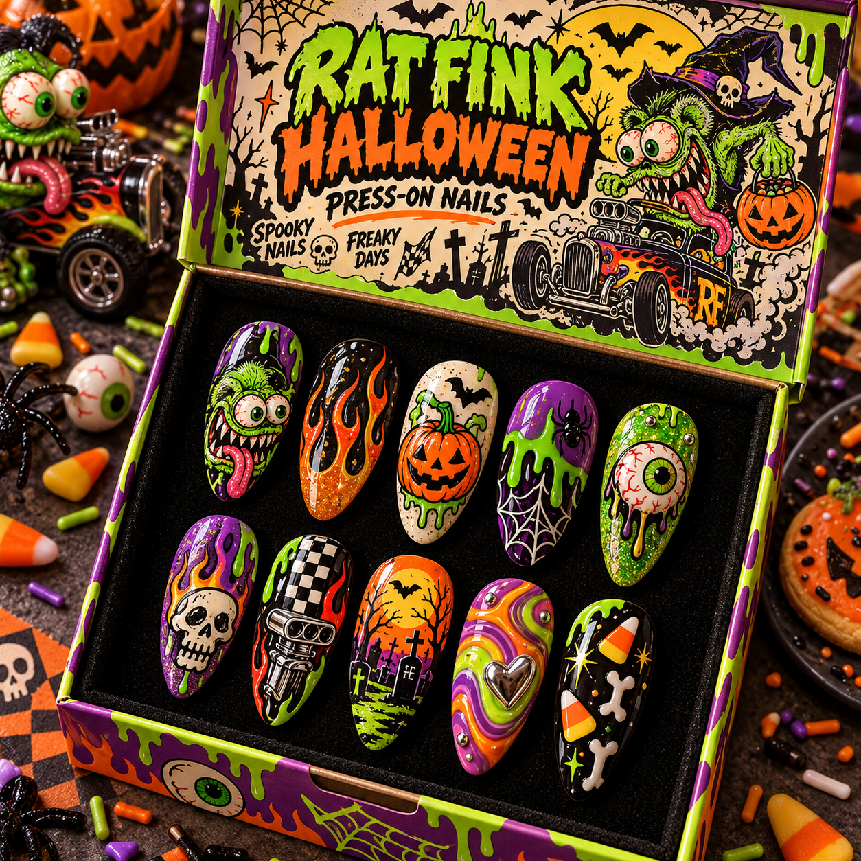 Rat Fink Neon Monster Hot Rod Press-On Nail Set for Kustom Kulture Fans NTT