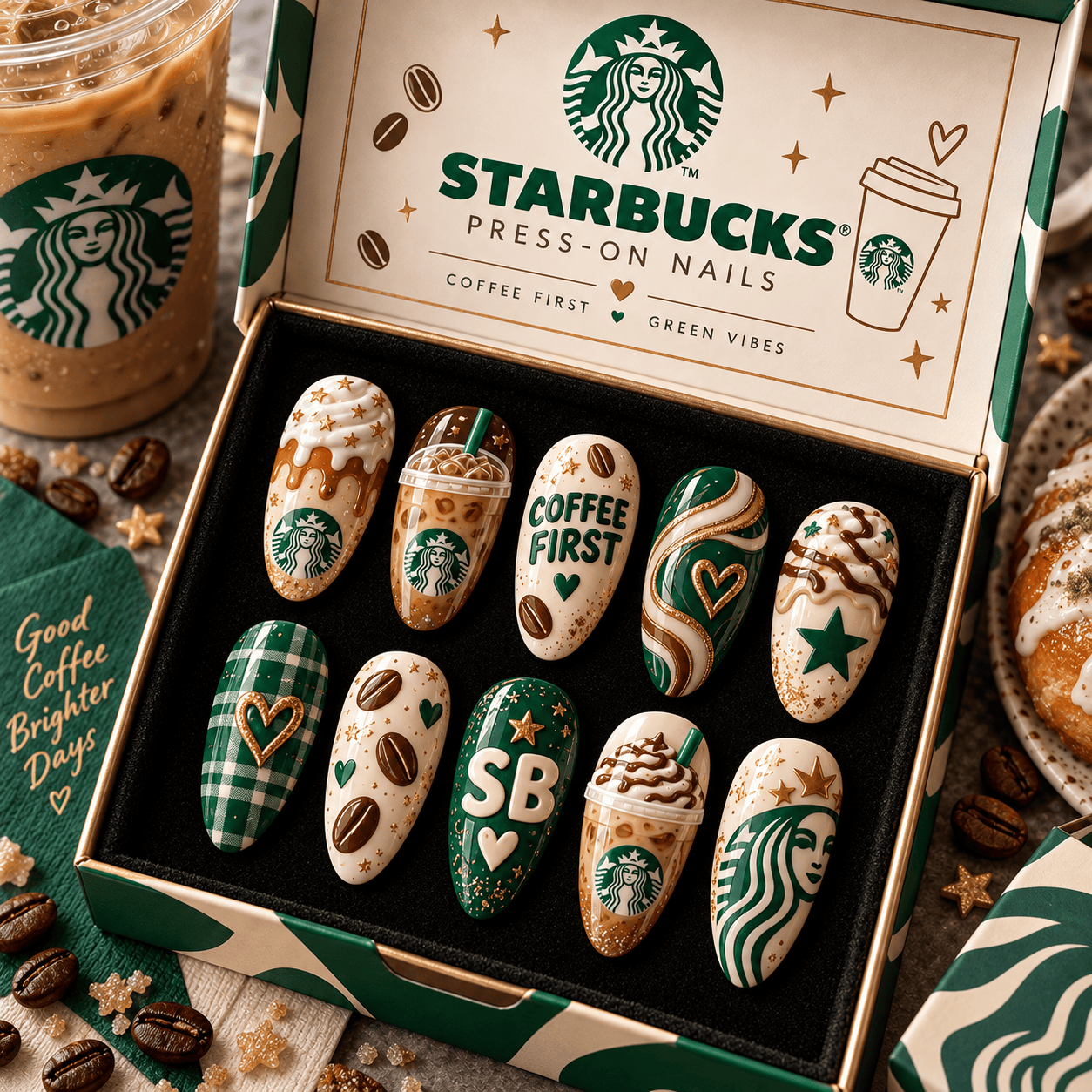 Starbucks Coffee Cups and Green Plaid Press-On Nail Set for Coffee Fans NTT