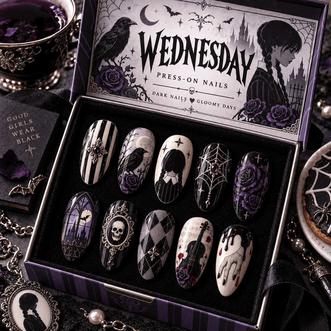 Wednesday Addams Gothic Portrait Press-On Nail Set for Dark Academia Fans NTT