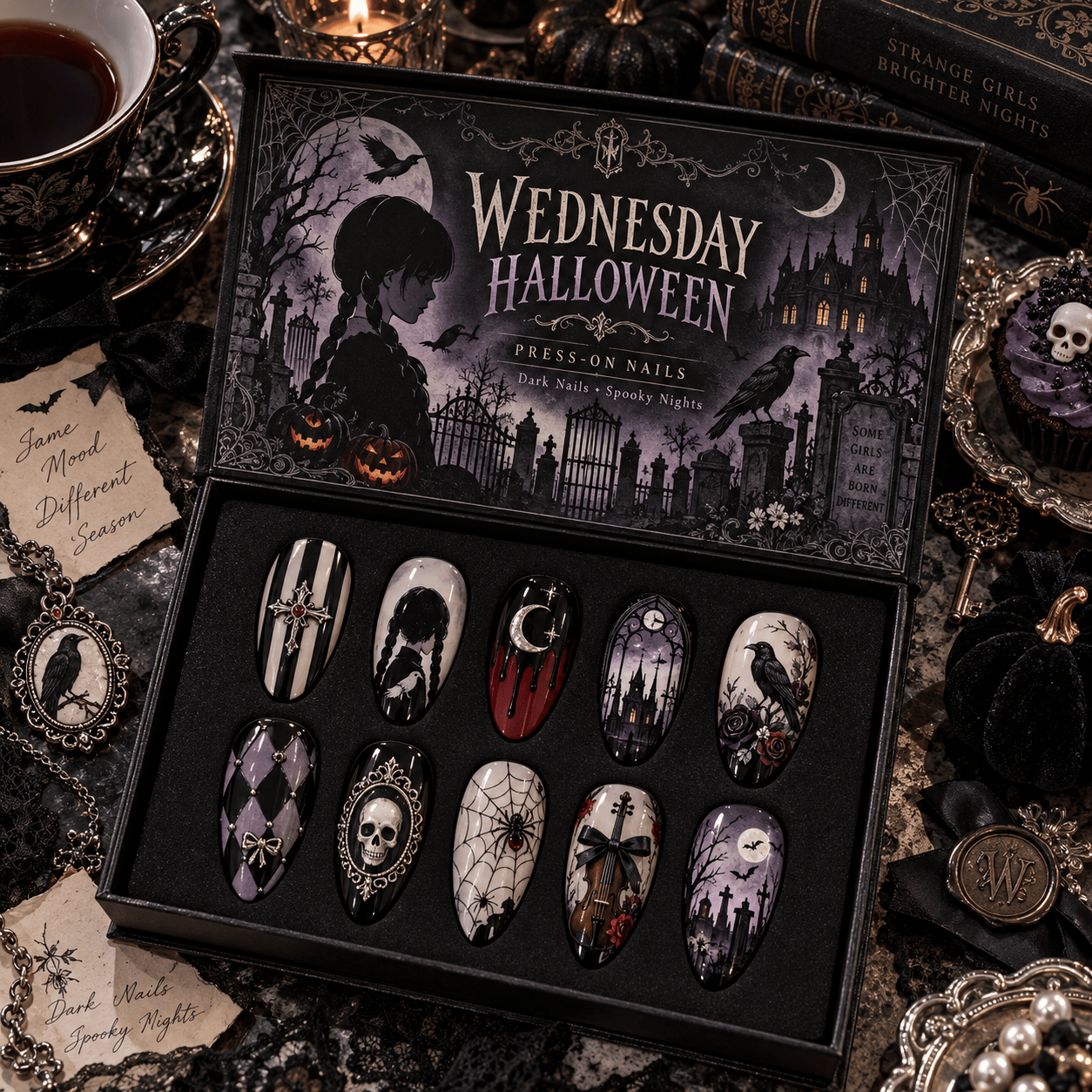 Wednesday Addams Halloween Gothic Portrait Press-On Nail Set for Spooky Fans NTT