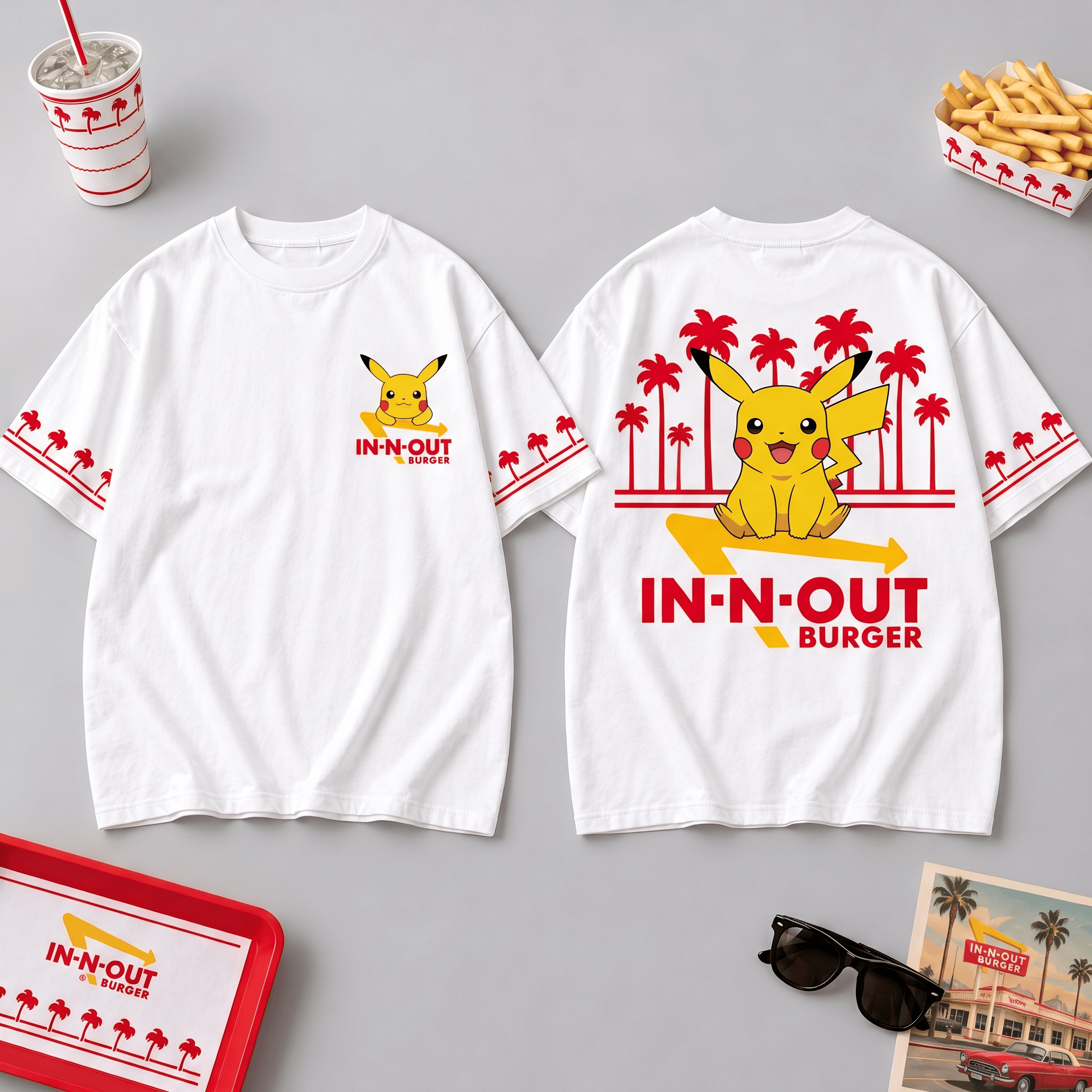 Pikachu IN-N-OUT Burger Palm Tree White Graphic 3D Shirt for Pokemon Fans NDN Flat Shirt Mockup