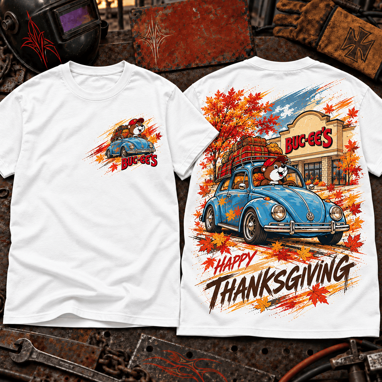 Buc Ees Thanksgiving Blue Beetle T-Shirt for Fans of Autumn Road Trips NTT White