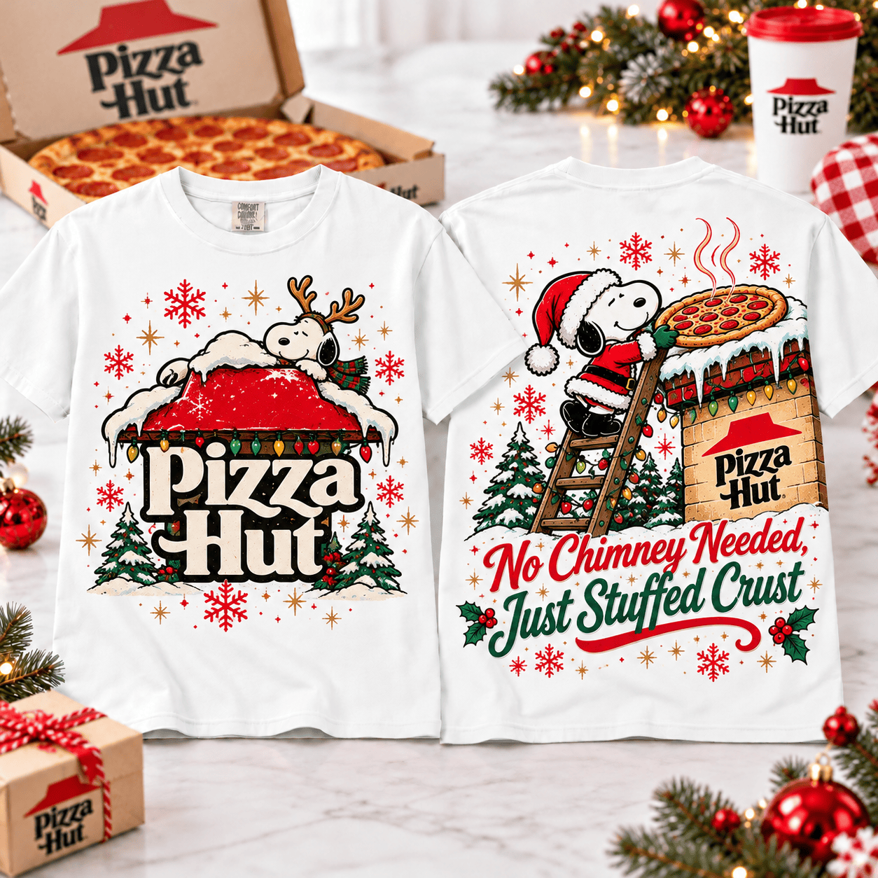 Snoopy Pizza Hut Christmas Pizza T-Shirt for Fans of Festive Holiday Snack Runs NTT White