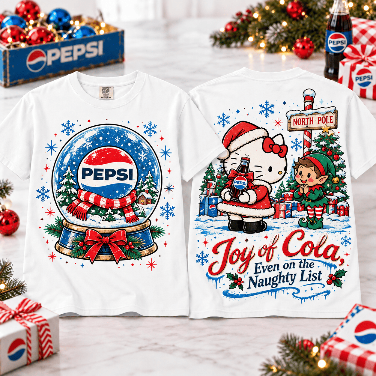 Snoopy Pepsi Christmas Snow Globe T-Shirt for Fans of Merry Holiday Refreshments NTT White