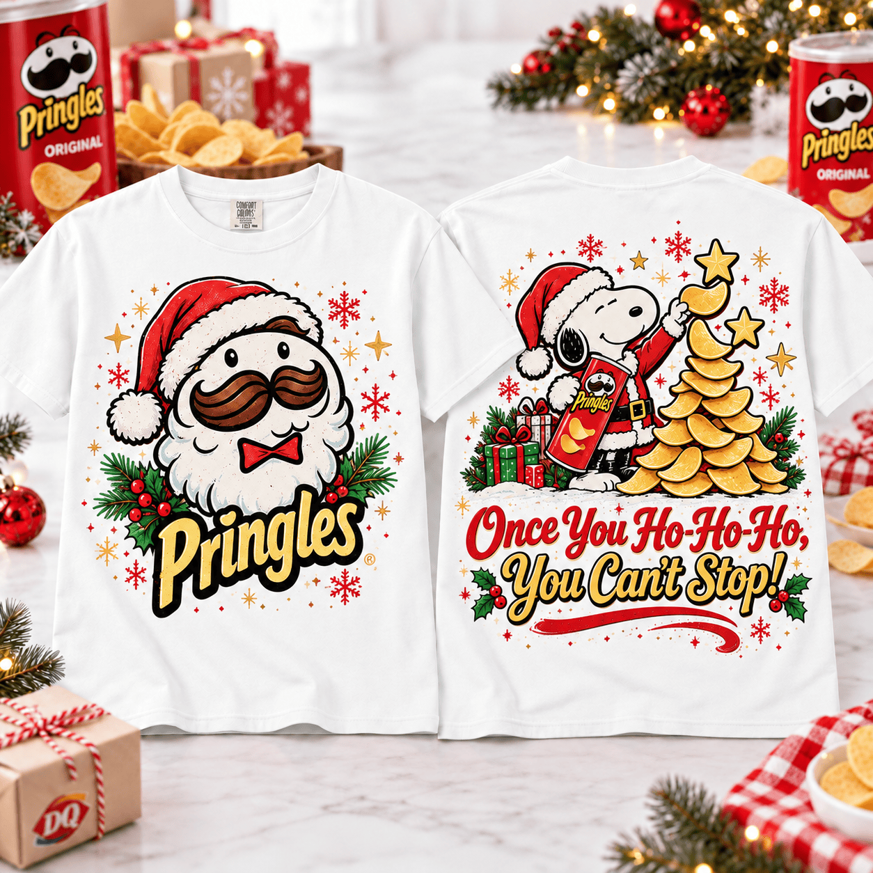 Snoopy Pringles Christmas Snack Tree T-Shirt for Fans of Playful Holiday Treats NTT White