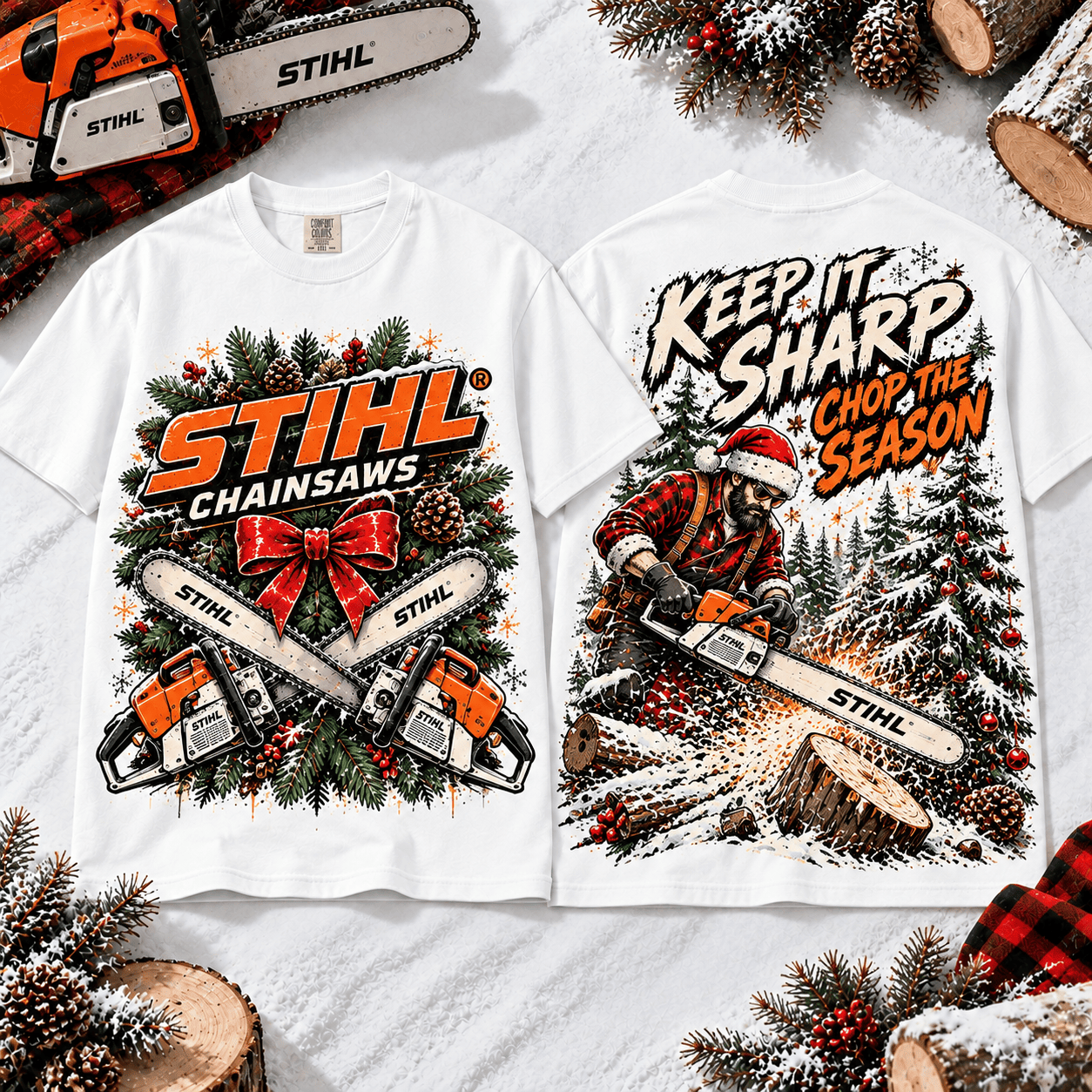 Stihl Christmas Chainsaw Winter Forest T-Shirt for Fans Who Keep the Season Sharp NTT White