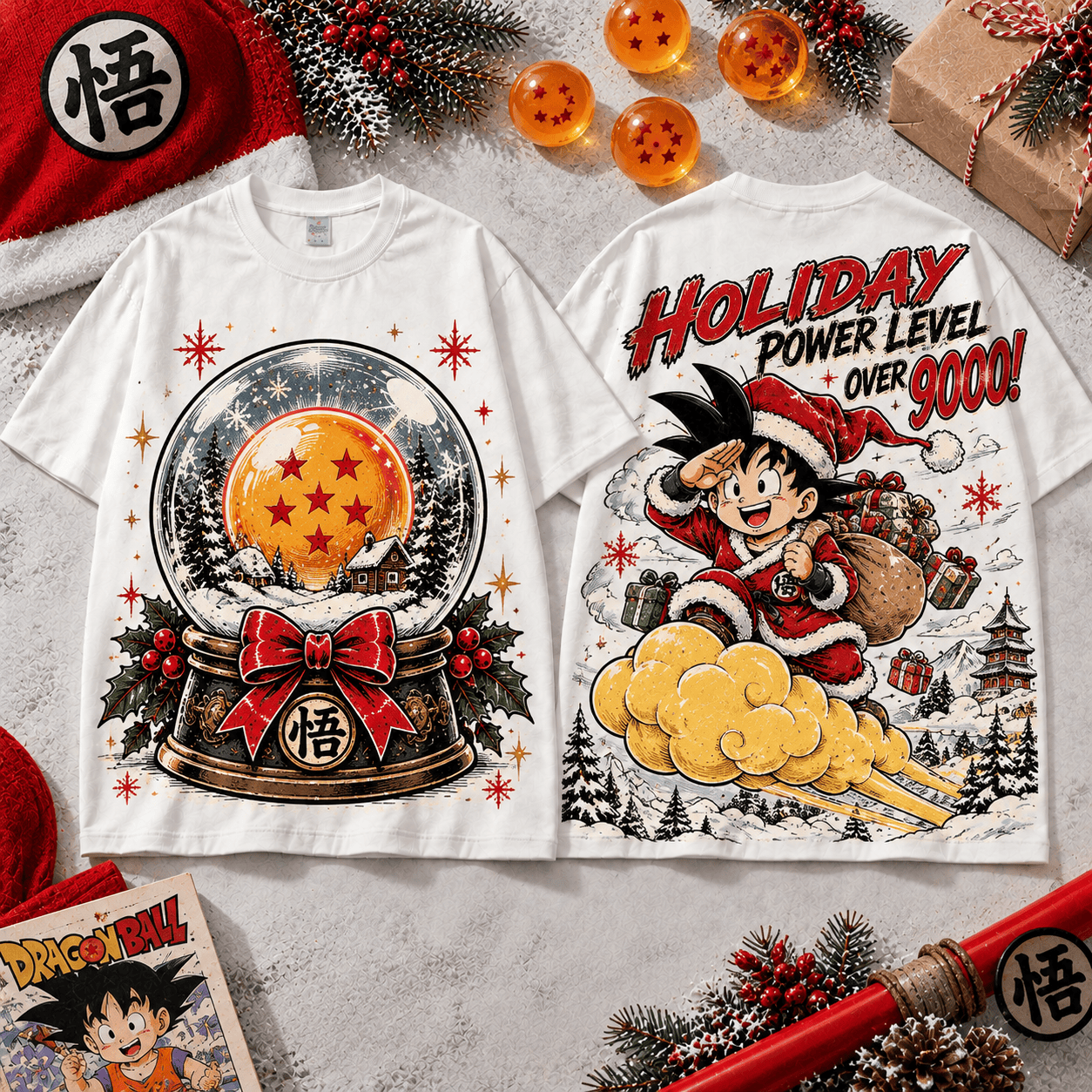 Dragon Ball Goku Holiday Power T-Shirt for Anime Fans Celebrating the Christmas Season NTT White