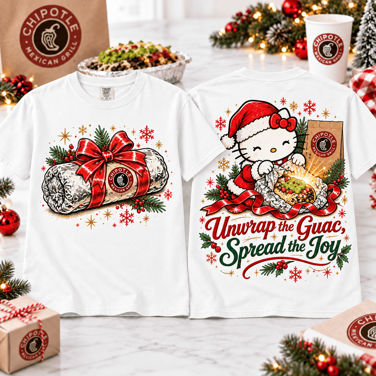 Hello Kitty Chipotle Christmas Burrito T-Shirt for Fans Who Spread the Holiday Joy NTT White