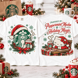 Hello Kitty Starbucks Peppermint Mocha Christmas T-Shirt for Fans of Cozy Holiday Coffee NTT White