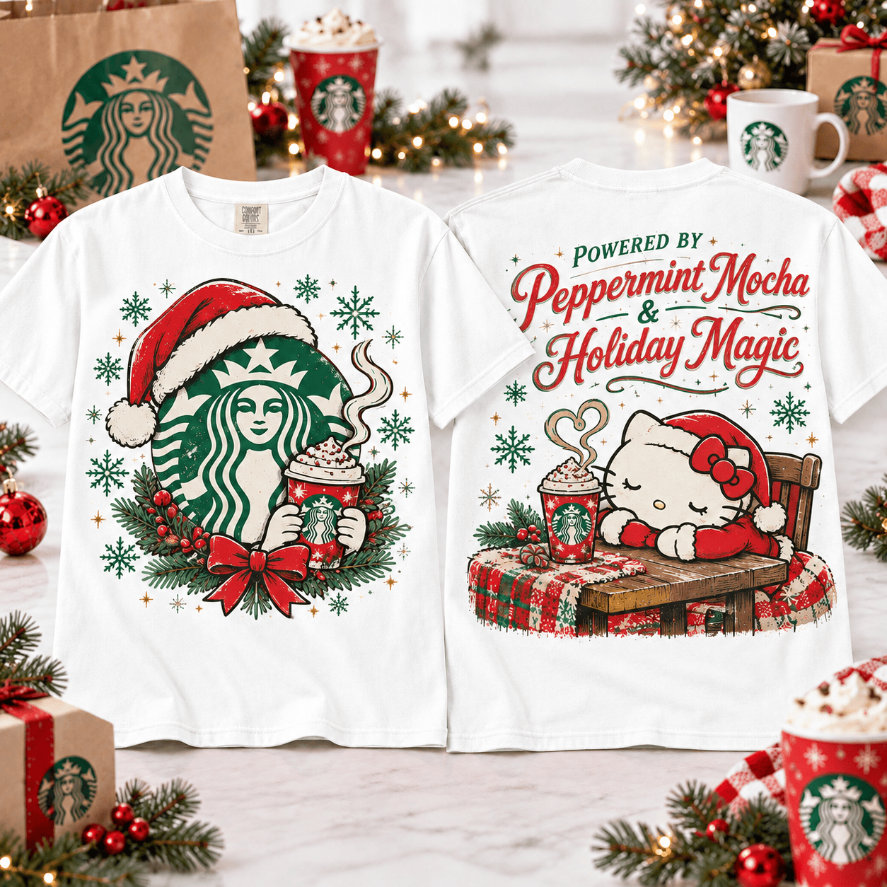 Hello Kitty Starbucks Peppermint Mocha Christmas T-Shirt for Fans of Cozy Holiday Coffee NTT White