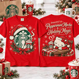 Hello Kitty Starbucks Peppermint Mocha Christmas T-Shirt for Fans of Cozy Holiday Coffee NTT Red