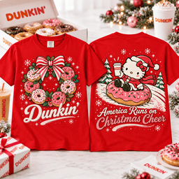 Hello Kitty Dunkin Christmas Donut Wreath T-Shirt for Fans of Festive Coffee Breaks NTT Red
