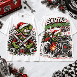 Rat Fink Santa Hot Rod Mechanic T-Shirt for Fans of Wild Christmas Garage Adventures NTT White