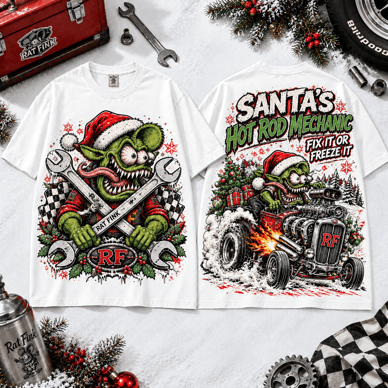 Rat Fink Santa Hot Rod Mechanic T-Shirt for Fans of Wild Christmas Garage Adventures NTT White