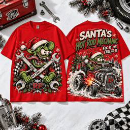 Rat Fink Santa Hot Rod Mechanic T-Shirt for Fans of Wild Christmas Garage Adventures NTT Red