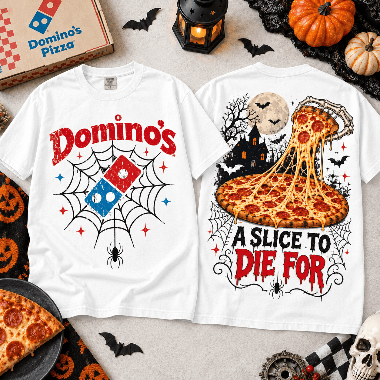 Jack Skellington Dominos Halloween Pizza T-Shirt for Fans of Spooky Late Night Snacks NTT White