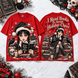 Wednesday Addams Christmas Book Lover T-Shirt for Readers Who Avoid the Holiday Cheer NTT Red