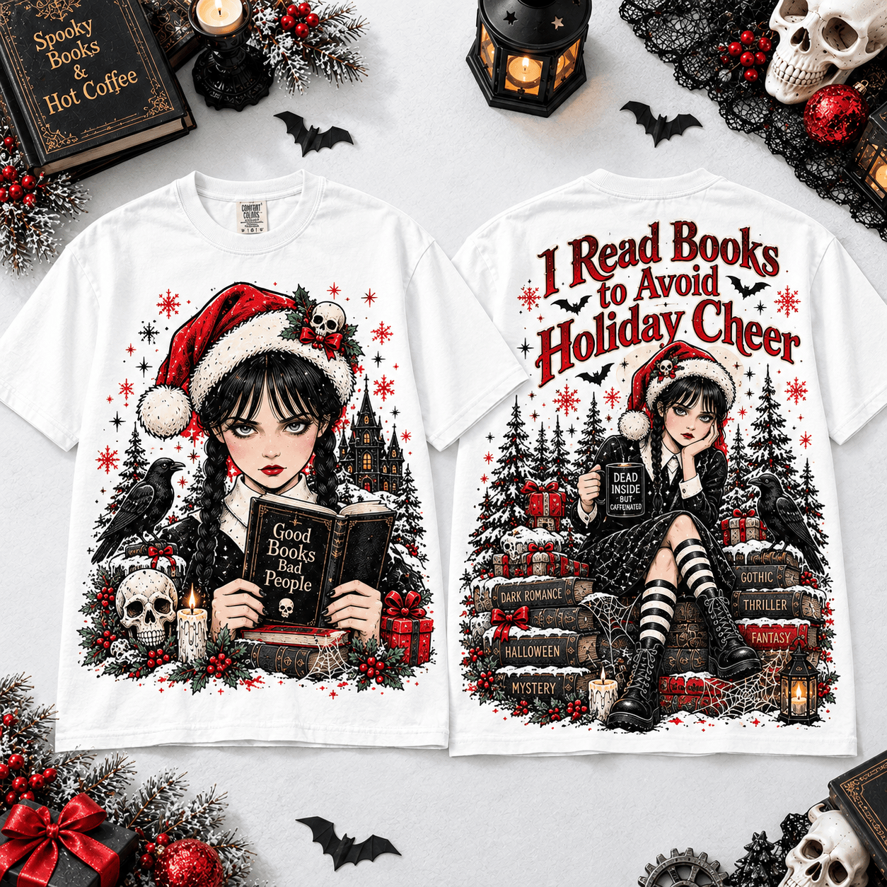 Wednesday Addams Christmas Book Lover T-Shirt for Readers Who Avoid the Holiday Cheer NTT White