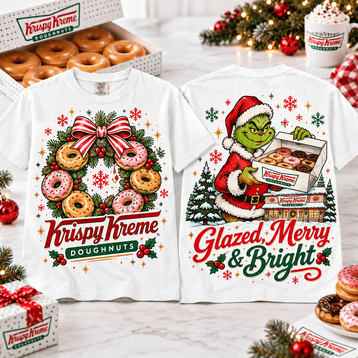The Grinch Krispy Kreme Glazed Merry and Bright T-Shirt for Festive Donut Lovers NTT White