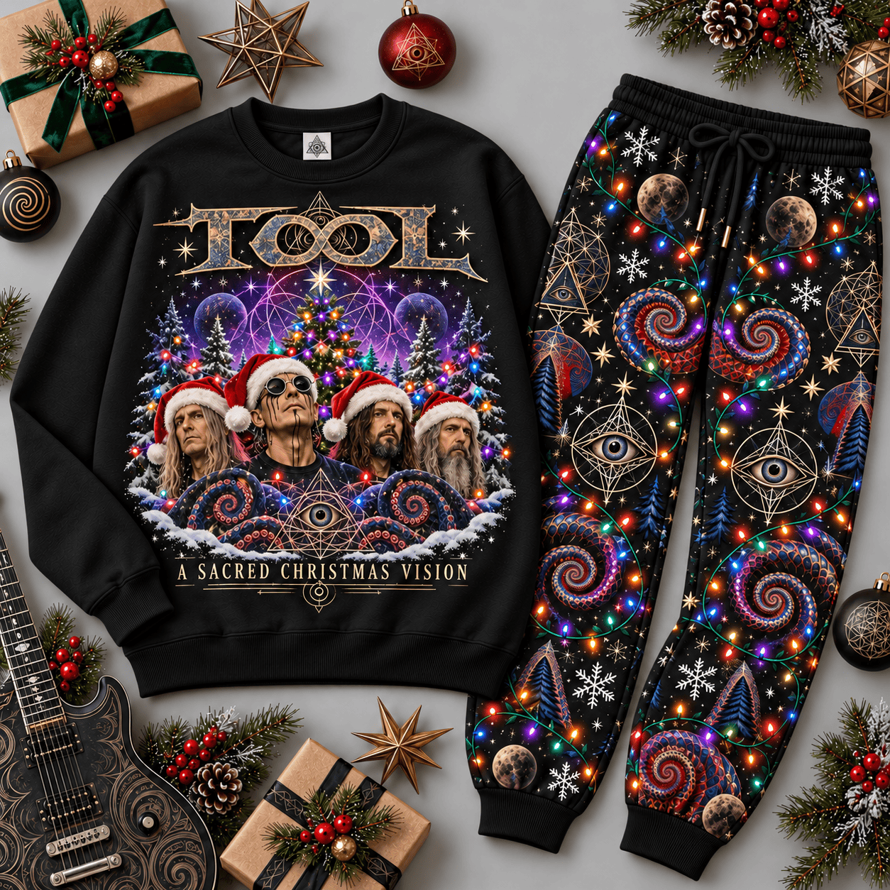 Tool Sacred Christmas Vision Spiral Eye Sweater Jogger Set for Progressive Metal Fans NDN Black Flat
