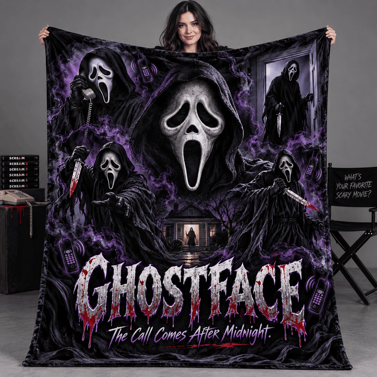 Ghostface Purple Mask And Spiderweb Fleece Blanket For Fans Of Calls After Midnight NDN Person Holding Blanket