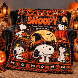 Snoopy Witch Hat And Orange Pumpkins Fleece Blanket For Cozy Halloween Movie Nights NDN Standalone Blanket