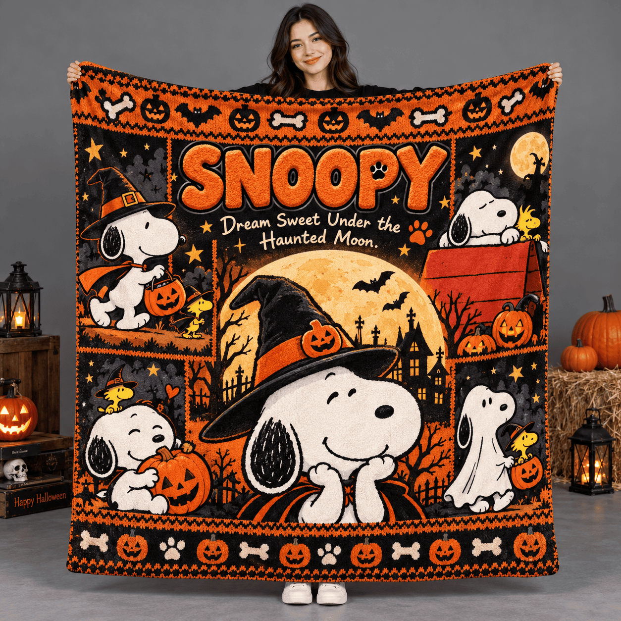 Snoopy Witch Hat And Orange Pumpkins Fleece Blanket For Cozy Halloween Movie Nights NDN Person Holding Blanket
