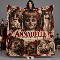 Annabelle Doll Portrait And Red Lettering Fleece Blanket For Fans Of Haunted Nights NDN Person Holding Blanket