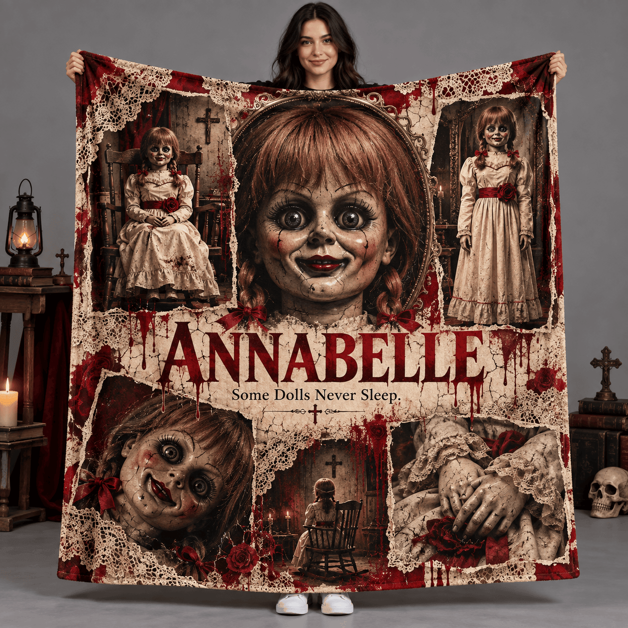 Annabelle Doll Portrait And Red Lettering Fleece Blanket For Fans Of Haunted Nights NDN Person Holding Blanket