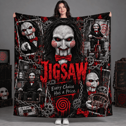 Jigsaw Puppet Portrait And Red Spiral Fleece Blanket For Fans Of Deadly Choices NDN Person Holding Blanket
