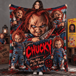 Chucky Scarred Doll And Diagonal Knife Fleece Blanket For A Frightful Movie Marathon NDN Person Holding Blanket
