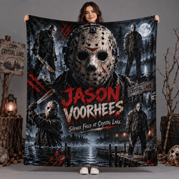 Jason Voorhees Hockey Mask And Moonlit Lake Fleece Blanket For Fans Of Campfire Chills NDN Person Holding Blanket